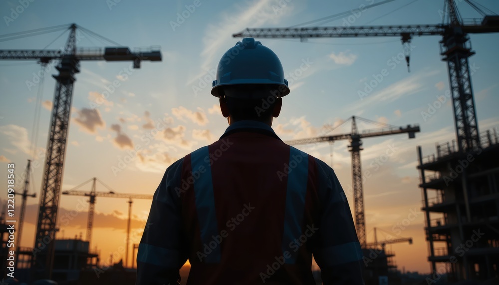 A realistic of a modern construction worker standing with his back to the lens, on a construction site with tower cranes silhouetted by the sunset. A realistic of a modern construction worker standing with his back to the lens, on a construction site with tower cranes silhouetted by the sunset.