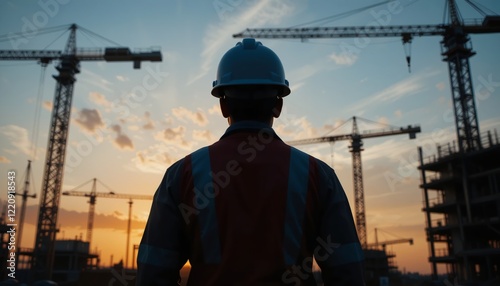 A realistic of a modern construction worker standing with his back to the lens, on a construction site with tower cranes silhouetted by the sunset. photo