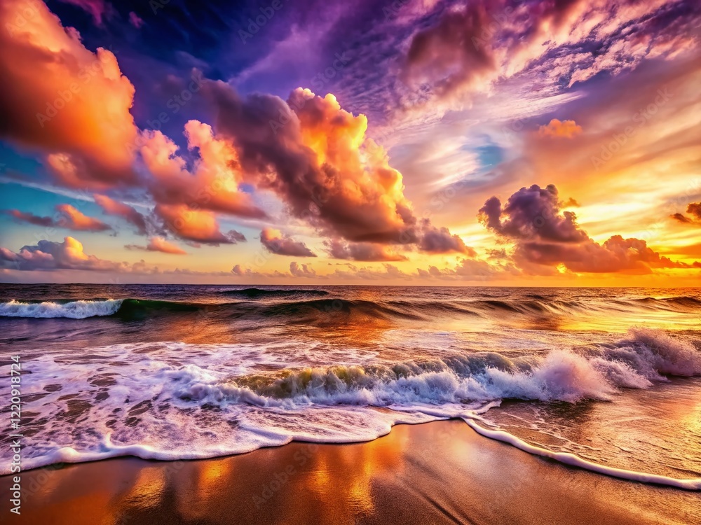 Fototapeta premium Panoramic Ocean Vista: Dramatic Waves Crashing on a Sandy Shore at Sunset