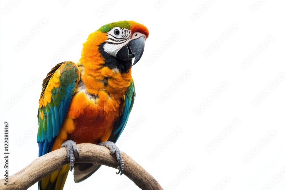 Vibrant parrot perched on natural branch showcasing stunning colors against a clean white backdrop Vibrant parrot perched on natural branch showcasing stunning colors against a clean white backdrop