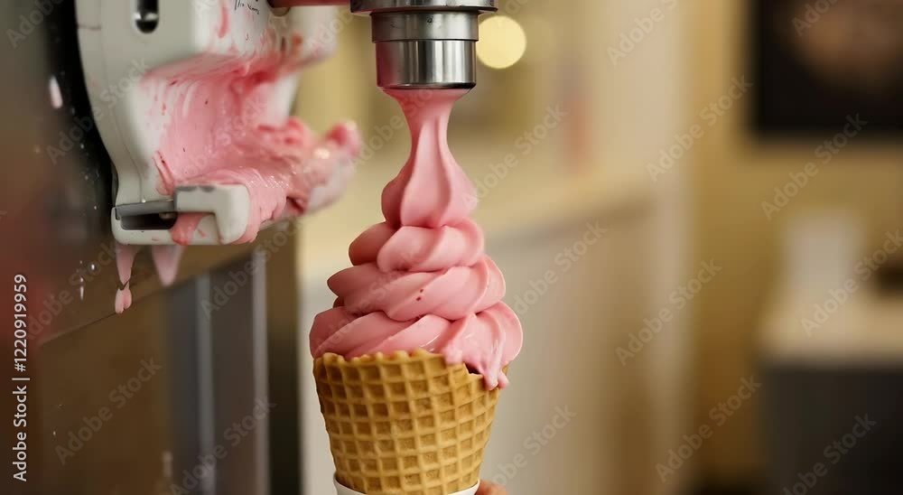 Soft Serve Ice Cream Machine Dispensing Pink Strawberry Ice Cream into Waffle Cone