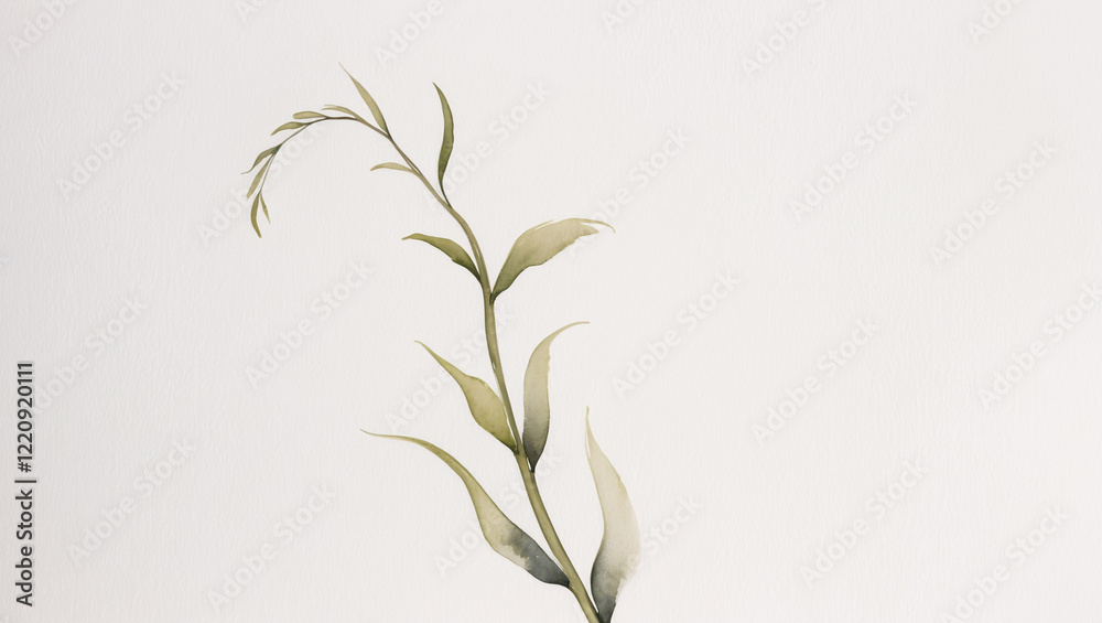 Fototapeta premium Serene Green Herb Watercolor Artwork on White Canvas with Simple and Subtle Detailing