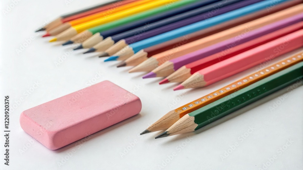 A collection of colored pencils and an eraser including pink one stacked on top, assorted colored pencils, desk organizer, colorful stationery A collection of colored pencils and an eraser including pink one stacked on top, assorted colored pencils, desk organizer, colorful stationery