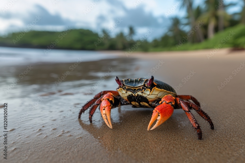 Colorful crab walks along sandy beach under cloudy sky near tropical forest in the afternoon Colorful crab walks along sandy beach under cloudy sky near tropical forest in the afternoon