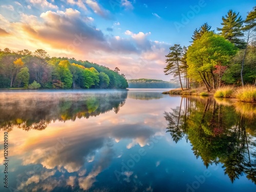 Panoramic Spring Fog Over Little Swartswood Lake, New Jersey