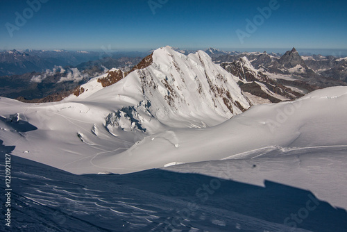 Lyskamm northface from Capanna Regina Margherita, Punta Gnifetti, Monte Rosa massif, Italian Alps, Italy Switzerland. photo