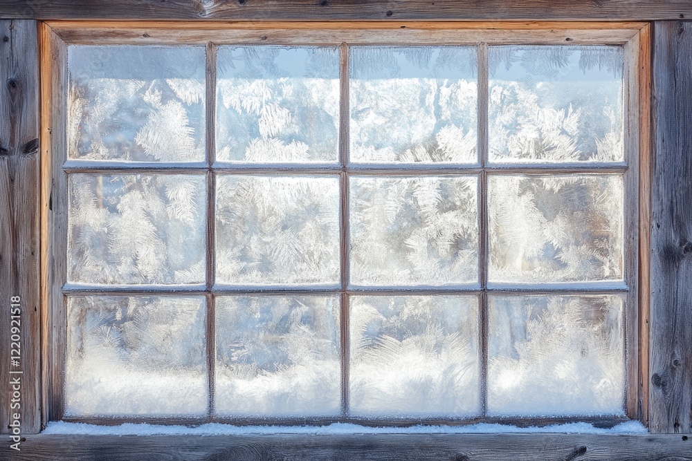 Fototapeta premium Frost covered rustic window panes, winter wonderland scene, icy crystals on glass.