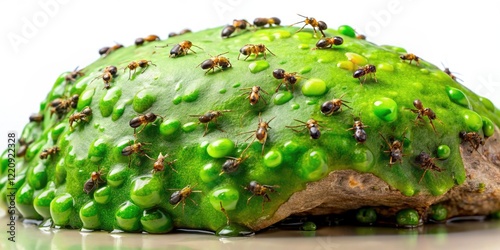 A large patch of green slime covering a rock with tiny insects crawling on its surface, mossy surface, rock, slimy texture, earthy tones photo