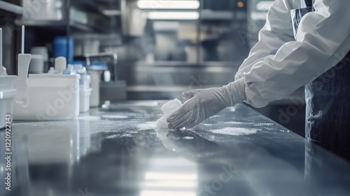 Chef cleaning stainless steel counter, kitchen, food prep, steam, hygiene, stock photo for culinary website photo