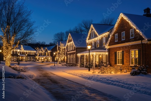 Snow-covered houses adorned with warm, golden Christmas lights illuminate a winter night street.