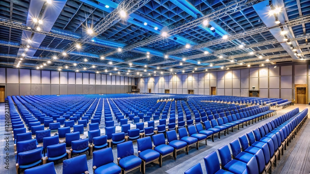 Fototapeta premium Empty Conference Room with Blue Chairs - Ready for Event - Aerial View