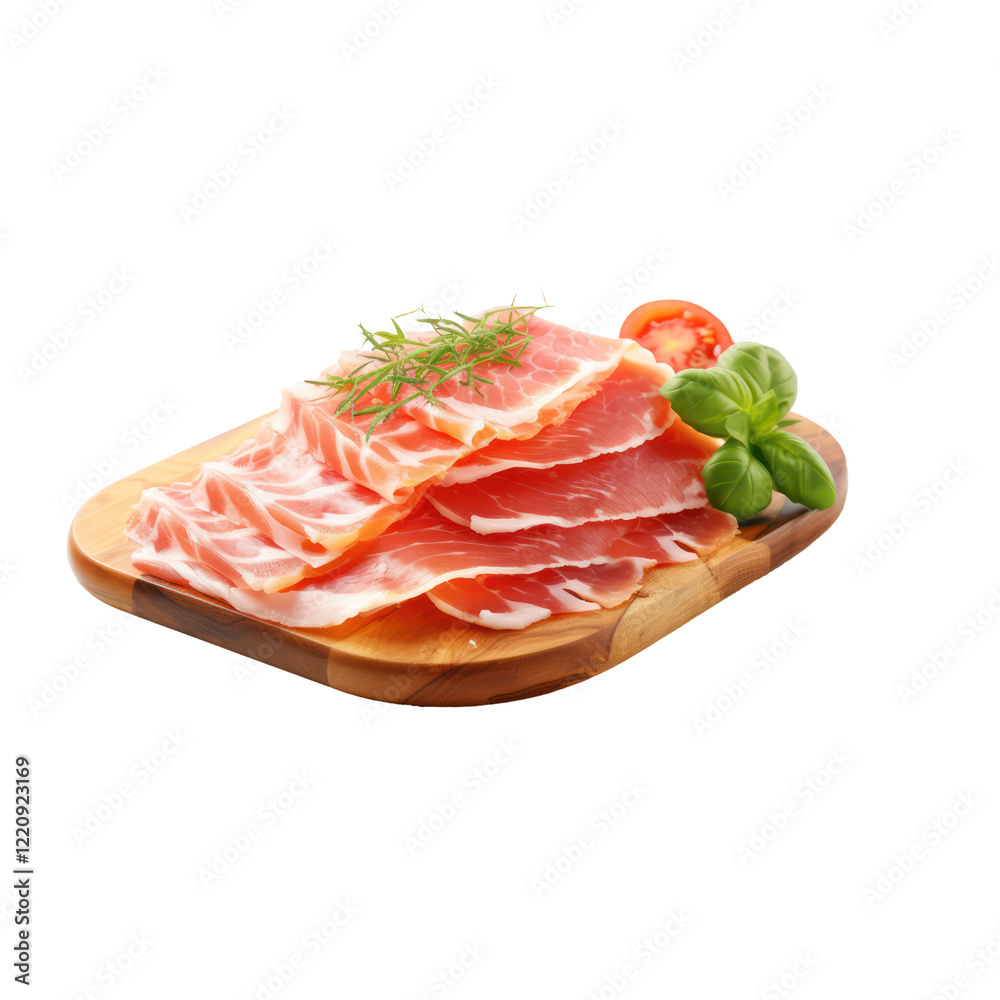 Sliced cured meat arranged on a wooden board with garnish and tomatoes, cut out Sliced cured meat arranged on a wooden board with garnish and tomatoes, cut out