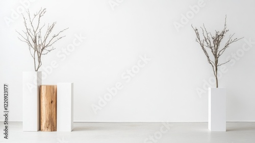 Fototapeta Naklejka Na Ścianę i Meble -  The white walls are decorated with potted plants and have space for a message.