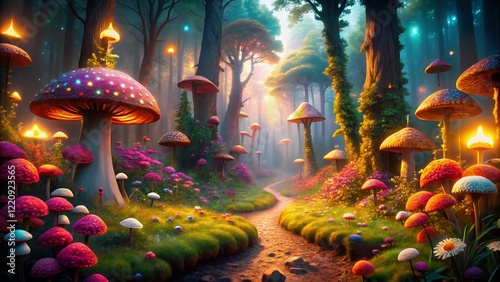 Enchanted Forest Fairy Tale Scene: Magical Mushrooms & Glowing Flowers