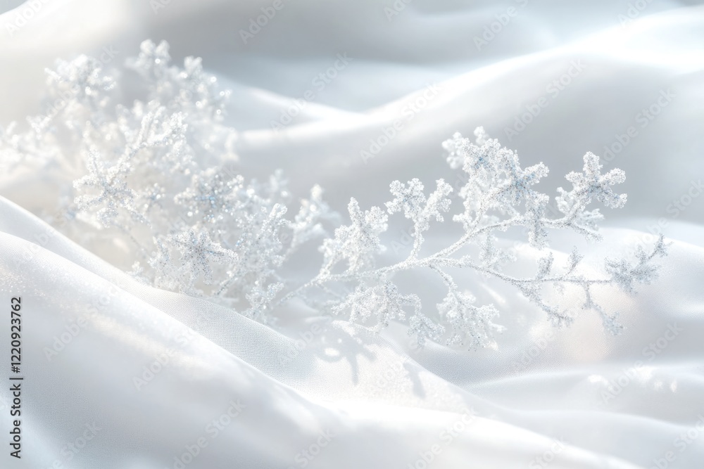 Fototapeta premium Delicate silver snowflake branch on white fabric, winter wonderland scene.