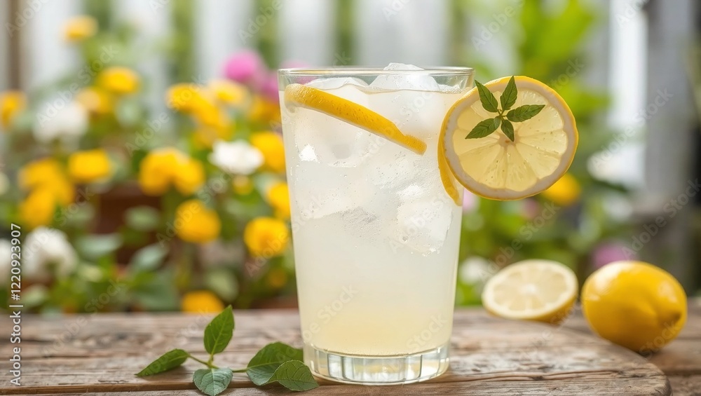 Fototapeta premium A refreshing glass of homemade lemonade with ice cubes and a slice of lemon, placed on a rustic wooden table with a blurred garden in the background