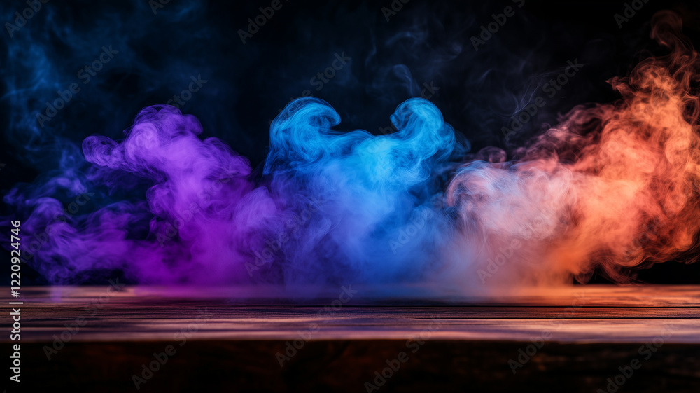 Fototapeta premium Abstract Colorful Smoke Swirls on Dark Wooden Surface