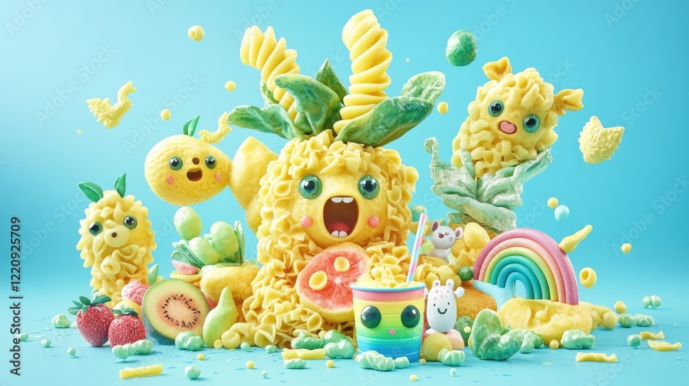 Naklejka premium Playful pasta characters enjoy a fruity drink, surrounded by colorful food and a rainbow. Ideal for kids' food packaging