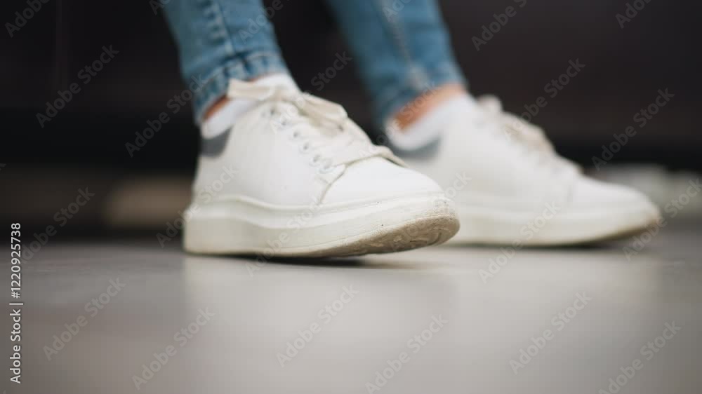Close-up of lady's white canvas sneakers gently tapping her right foot on the floor while seated on a couch wearing blue jeans in a comfortable indoor setting Close-up of lady's white canvas sneakers gently tapping her right foot on the floor while seated on a couch wearing blue jeans in a comfortable indoor setting