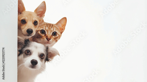 Two wondering dogs and yellow cat looking out ow white wall corner, isolated at white background