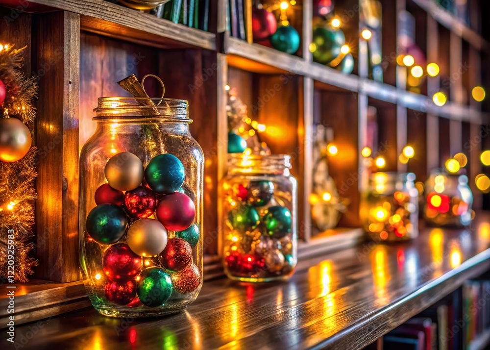 Fototapeta premium Festive Christmas Decorations in Glass Jars on Bookshelf - Holiday Celebration