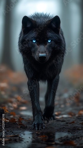 Close-up of a majestic black wolf with glowing blue eyes in a twilight forest, showcasing a mysterious aura.