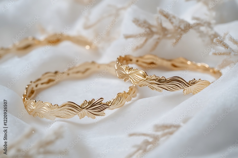 A series of golden bracelets with a ripple effect design and a ring with a wave-like form on a white snowy fabric. A series of golden bracelets with a ripple effect design and a ring with a wave-like form on a white snowy fabric.
