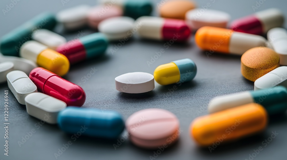 Surreal arrangement of colorful medication capsules and tablets floating in an abstract composition Surreal arrangement of colorful medication capsules and tablets floating in an abstract composition