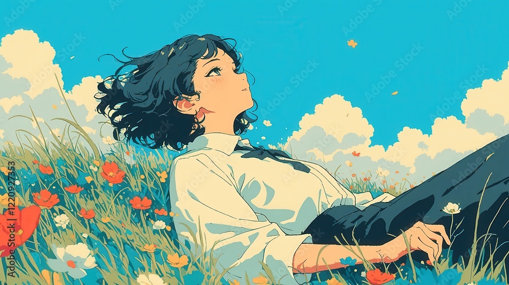 City Dreams, vibrant young woman in wildflower field, gazing at clouds, bold outlines, solid colors, pop art style, soft dreamy hues, geometric simplicity. City Dreams, vibrant young woman in wildflower field, gazing at clouds, bold outlines, solid colors, pop art style, soft dreamy hues, geometric simplicity.