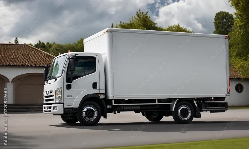 White delivery truck parked outside a building..