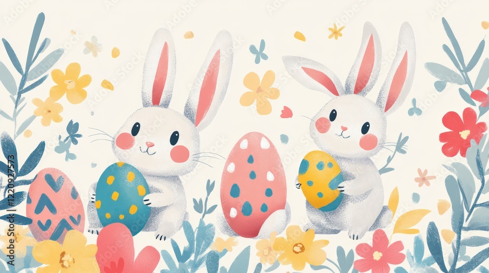 A banner with a cute, whimsical design, featuring playful bunnies holding painted eggs, and 'Celebrate Easter 2025' in bold, festive colors A banner with a cute, whimsical design, featuring playful bunnies holding painted eggs, and 'Celebrate Easter 2025' in bold, festive colors