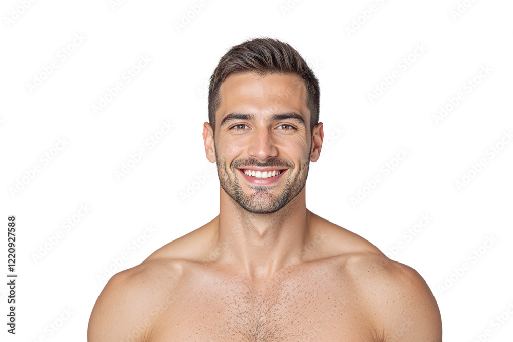 Smiling shirtless man with short dark hair and light stubble, isolated on a clean white background. Concept of happiness and natural beauty. Ai generative Smiling shirtless man with short dark hair and light stubble, isolated on a clean white background. Concept of happiness and natural beauty. Ai generative