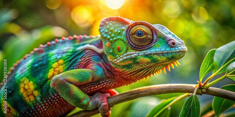 Panthera Chameleon on Branch, Vibrant Green Reptile in Natural Habitat Panthera Chameleon on Branch, Vibrant Green Reptile in Natural Habitat