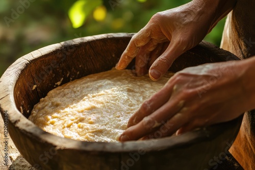 Hands kneading dough in a rustic wooden bowl, preparing for baking.