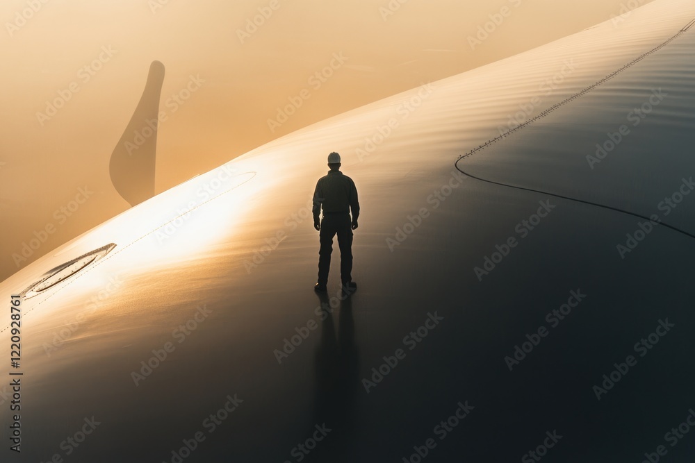 Silhouette of a lone worker standing on a large aircraft's wing at sunset. Silhouette of a lone worker standing on a large aircraft's wing at sunset.