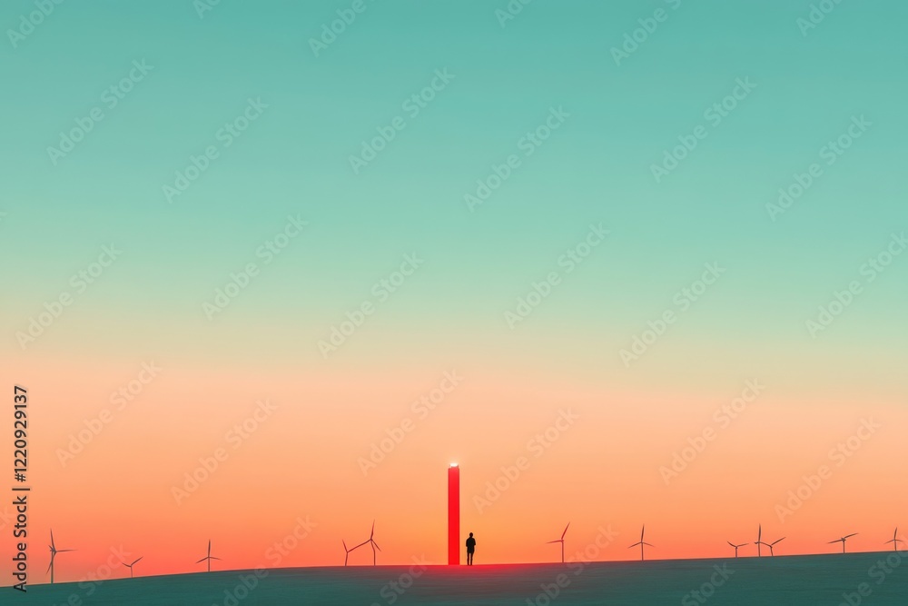 A lone figure stands before a glowing red pillar at sunset, surrounded by wind turbines in a minimalist landscape. A lone figure stands before a glowing red pillar at sunset, surrounded by wind turbines in a minimalist landscape.