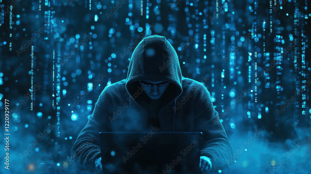 Hacker in a hoodie working intently on a laptop surrounded by digital data streams in a dark environment Hacker in a hoodie working intently on a laptop surrounded by digital data streams in a dark environment