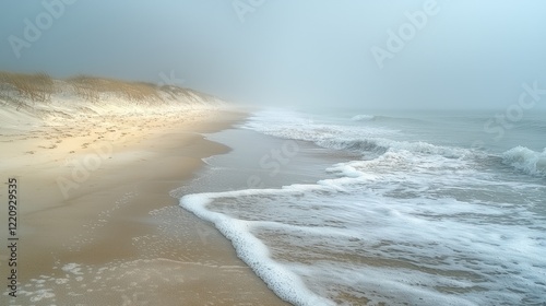 Misty Beachscape: Serene Coastal Dawn