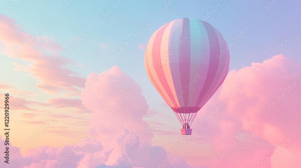 Obraz premium Pastel hot air balloon floating gently through a dreamy pink and blue cloudscape