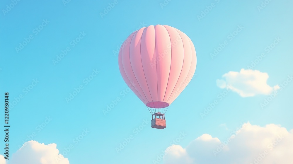 Fototapeta premium Pink hot air balloon floating in the sky with fluffy white clouds, dreamy travel scene