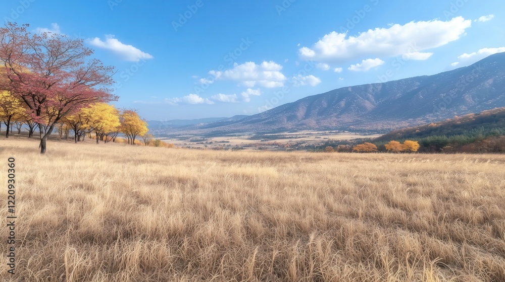Golden Autumn Meadow with Vibrant Trees and Clear Blue Sky Golden Autumn Meadow with Vibrant Trees and Clear Blue Sky
