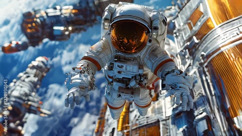 A detailed astronaut in a space suit floating near a futuristic space station with Earth in the background