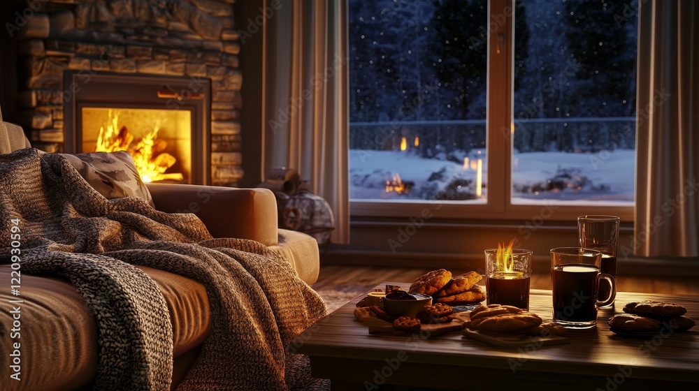 Cozy living room soft lighting, plush blankets, open fire, and winter wonderland view at night Cozy living room soft lighting, plush blankets, open fire, and winter wonderland view at night