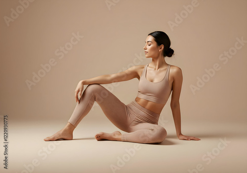 A Woman in a Beige Activewear Set, Posing Relaxedly