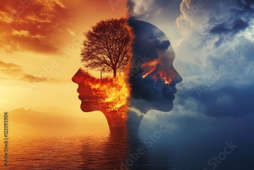 illustration of two sides of a head with one side burning and one side water, the differences in each side of a human