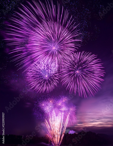 violet fireworks in the night sky