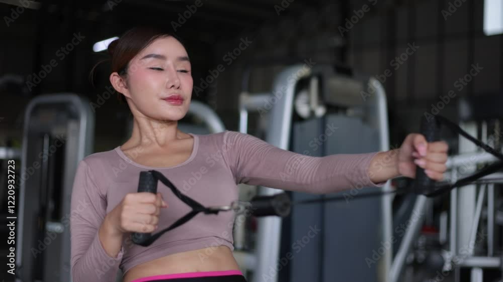 Focused Woman Exercising with Cable Machine in Gym, Showcasing Strength, Fitness, and Workout Determination