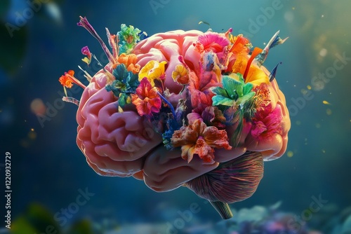 Illustration of the human brain that can develop and adapt, the human brain is covered in colorful blooming flowers.