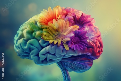 Illustration of the human brain that can develop and adapt, the human brain is covered in colorful blooming flowers.