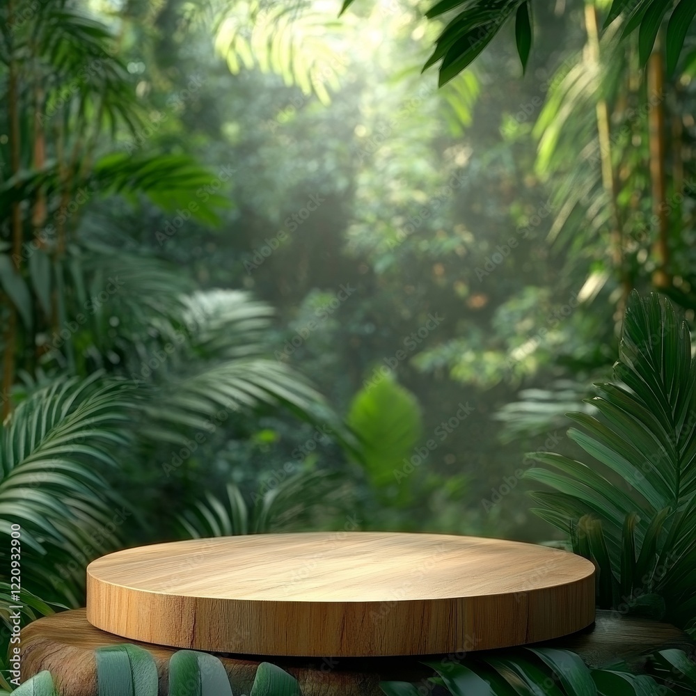 Wooden podium for product display in the jungle. 3d rendering Wooden podium for product display in the jungle. 3d rendering